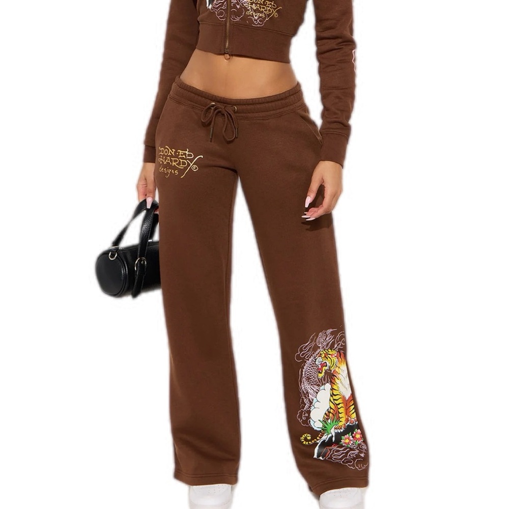 Ed Hardy Brown Graphic Wide-Leg Sweatpants